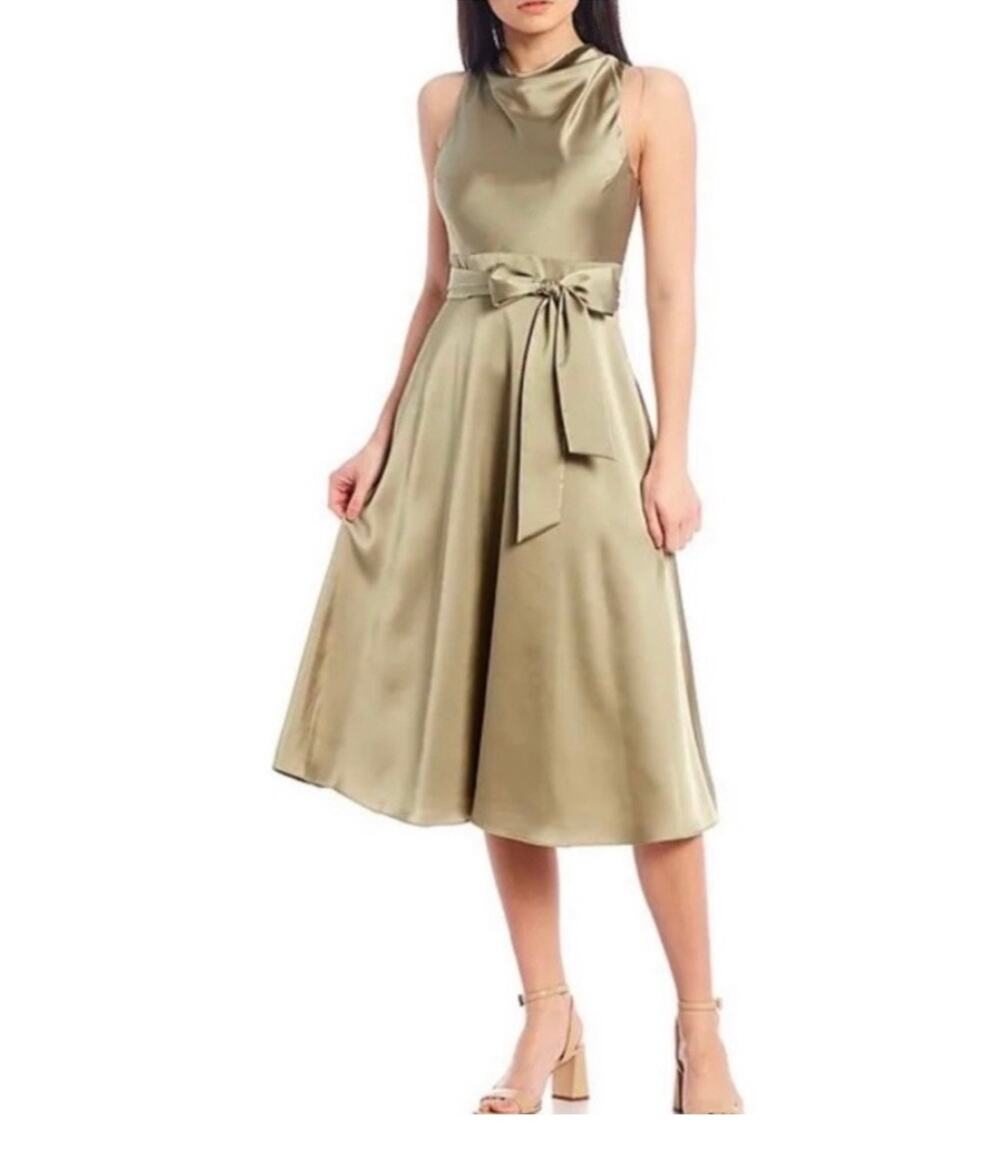 Antonio Melani Champagne Satin Midi Dress Size 6 Draped Neck Bridesmaid Dress